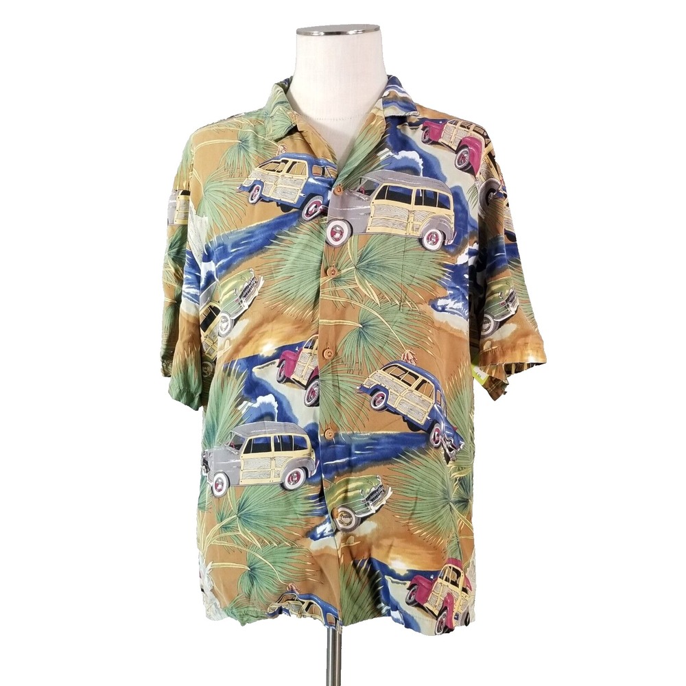 Diamond Head Hawaiian Shirt Mens L Green Woody Surf Wagon Tropical Button Up
